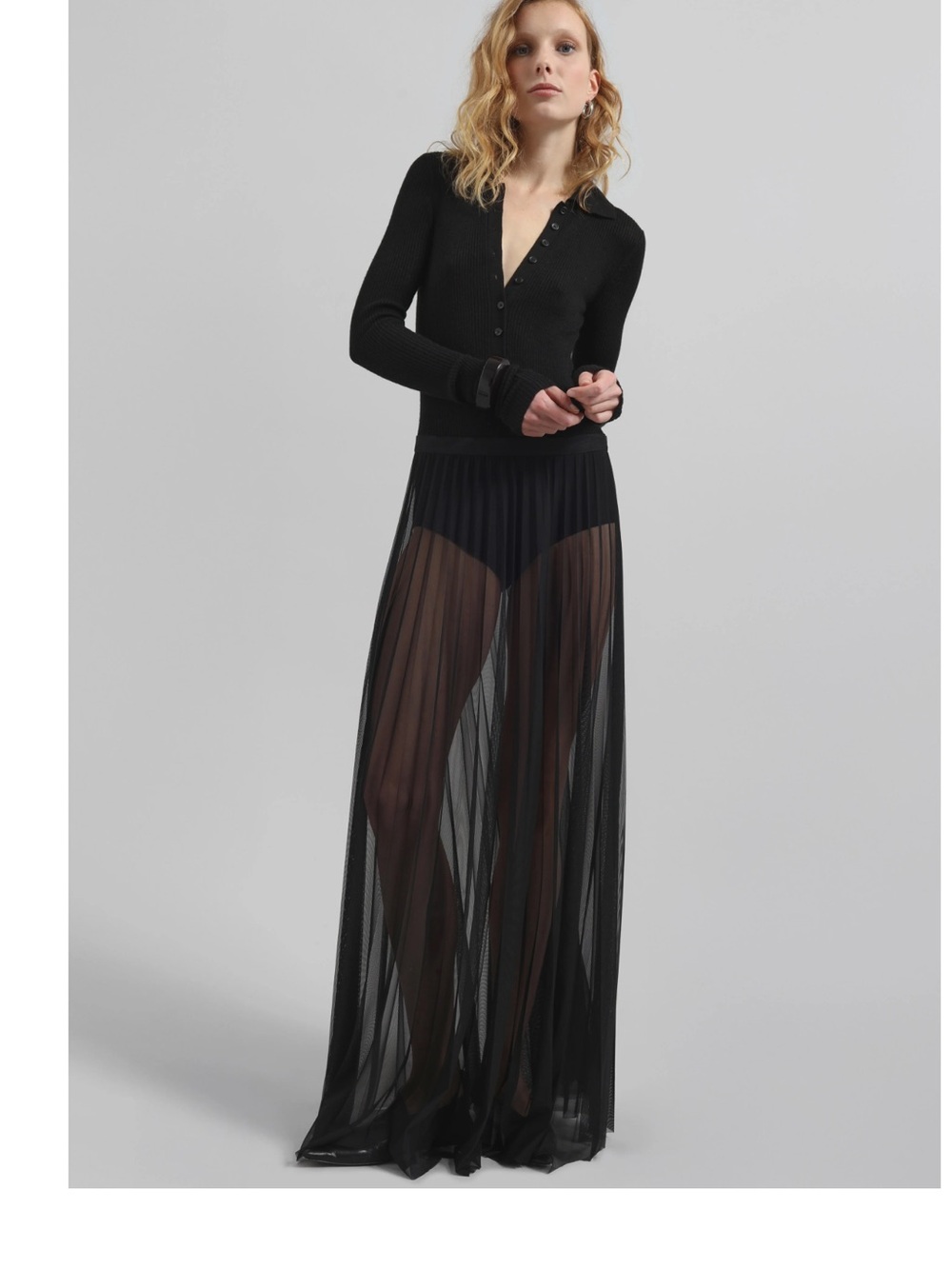 The Frankie Shop Black Sheer Pleated Maxi Skirt